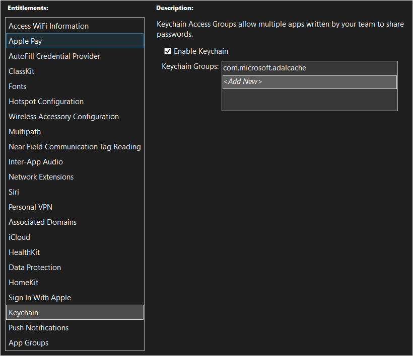 Screenshot showing the i O S entitlements.