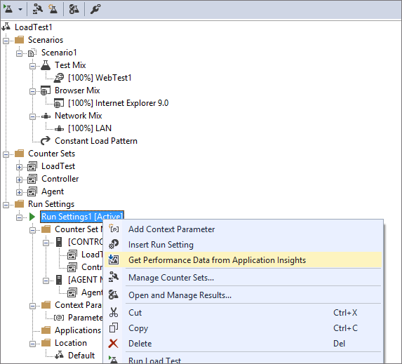 Choosing Get Performance Data from Application Insights