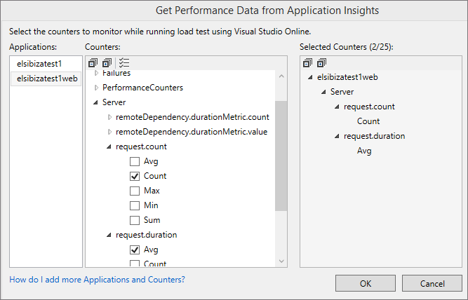 Select the apps to monitor and performance counters