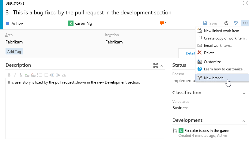 Creating a new branch from a work item