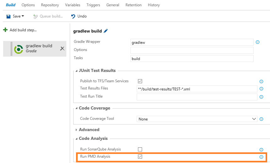 Selecting a PMD analysis be run in the Gradle build task