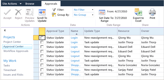 Approval Center with Status Update