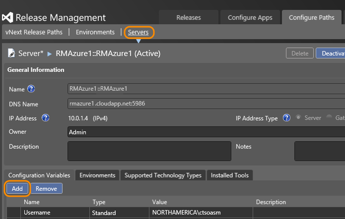 Configure Paths tab; Servers tab; Configuration Variables tab; click Add and add details for variable