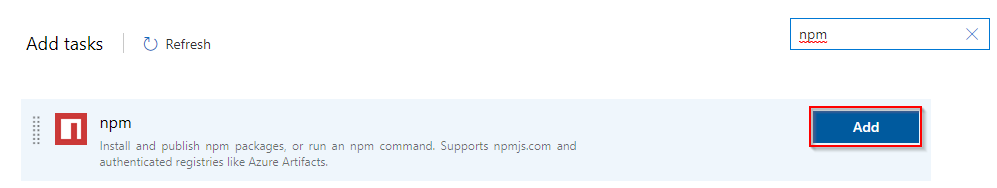 Screenshot showing how to find and add the npm task