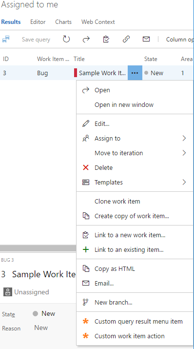 Query Result Item Menu custom action, TFS versions