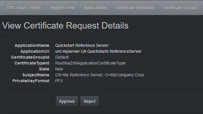 Screenshot that shows the View Certificate Request Details screen and the Generate New KeyPair button.