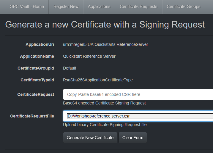 Screenshot of Generate a new Certificate