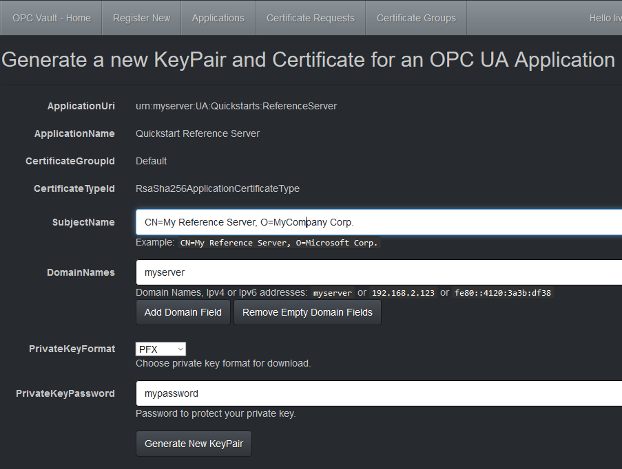 Screenshot of Generate a New KeyPair and Certificate