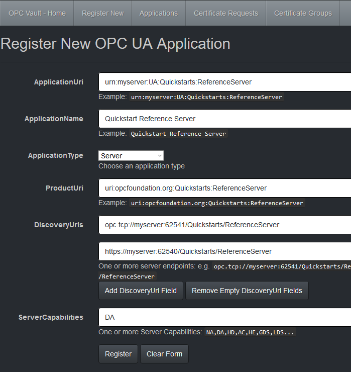 Screenshot of UA Reference Server Registration