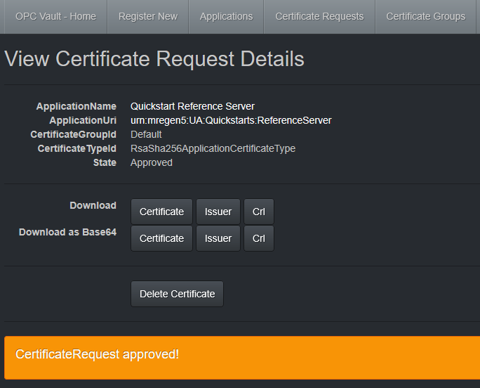 Screenshot that shows the View Certificate Request Details and includes an approval message at bottom.