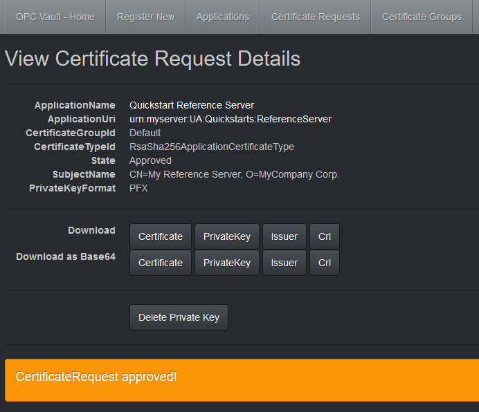 Screenshot of View Certificate Request Details, with approval message at bottom