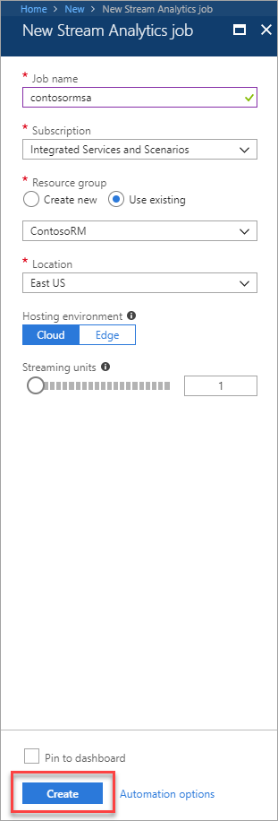 Create Stream Analytics Job