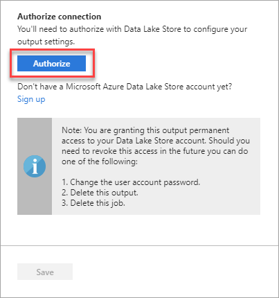 Authorize Stream Analytics to Data Lake Store