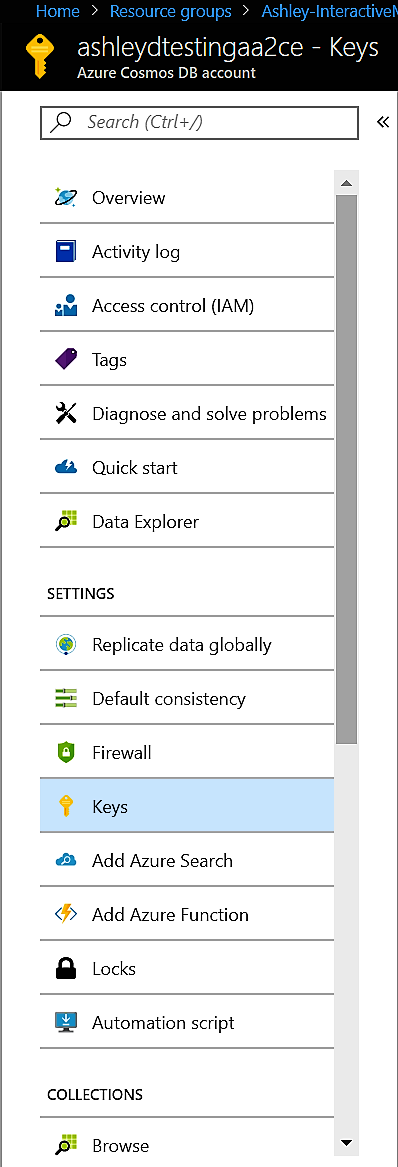 Screenshot shows an Azure Cosmos D B Account with the Keys item selected.