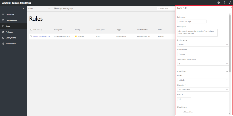 Remote Monitoring rules tab set altitude rule