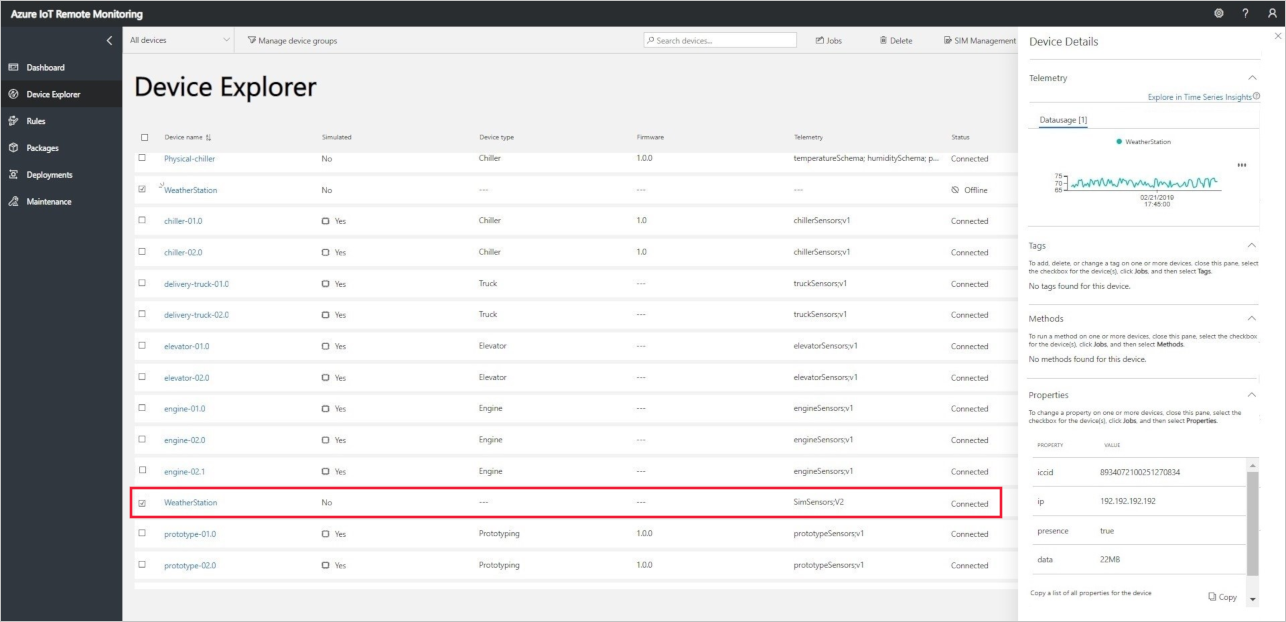 Screenshot of the Device Explorer window in the Azure IoT Remote Monitoring dashboard. A row showing WeatherStation device details is highlighted.