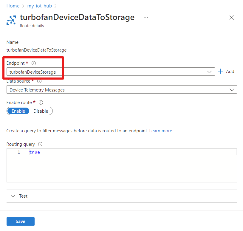 Screenshot that shows detail about the turbofanDeviceDataToStorage route.