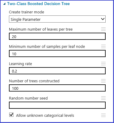 Two-class boosted decision tree, single parameter