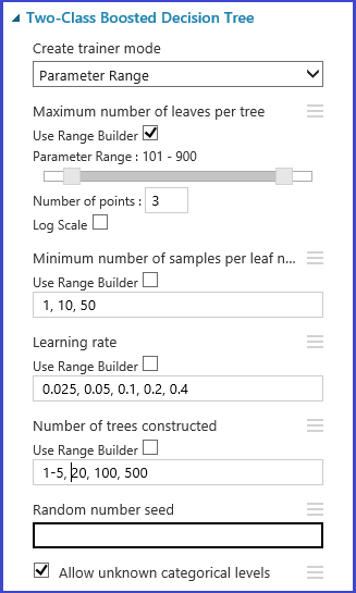 Two-class boosted decision tree, parameter range