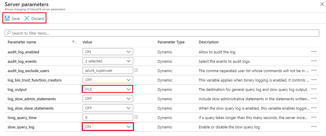 Screenshot of slow query log parameters and save.