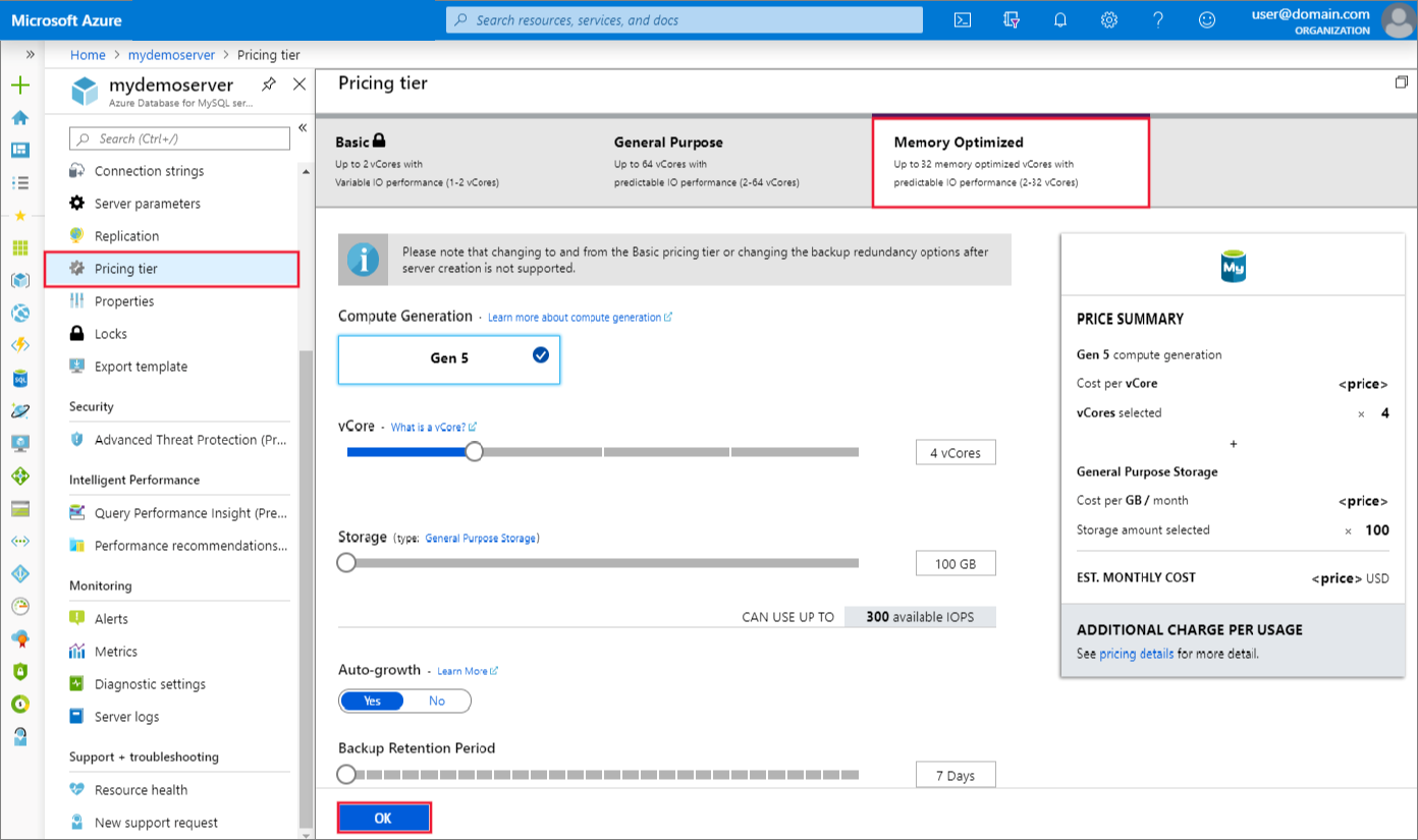 Screenshot of Azure portal to choose Basic, General Purpose, or Memory Optimized tier in Azure Database for MySQL