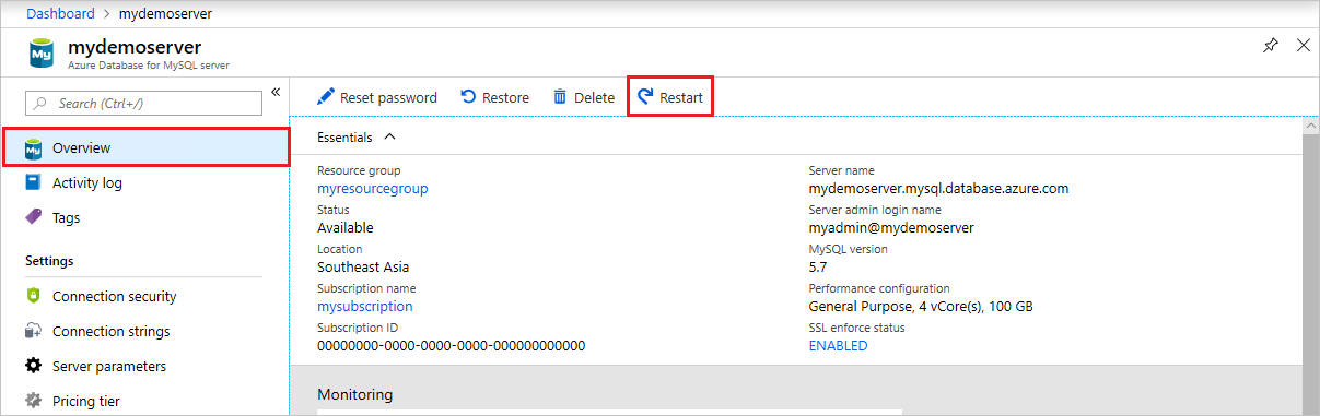 Azure Database for MySQL - Overview - Restart button