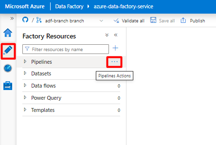 Screenshot showing how to choose the Author icon and Pipelines option to configure Pipeline for Snowflake data transformation.