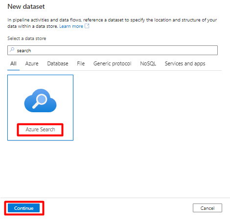 Screenshot showing how to choose an Azure Cognitive Search service for a Dataset in Azure Data Factory to use as sink.