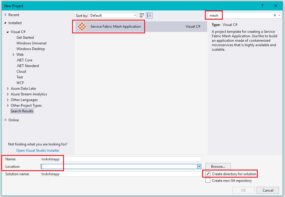 Screenshot that shows how to create a Service Fabric Mesh project.