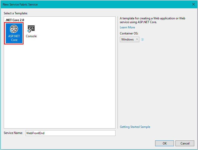 Visual studio new Service Fabric Mesh project dialog