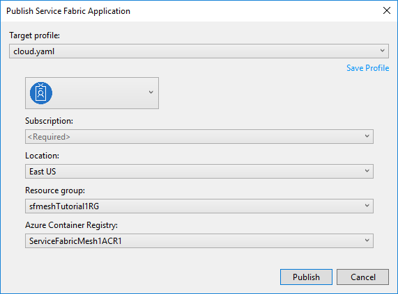 Visual studio Service Fabric Mesh publish dialog