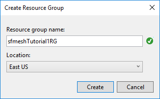 Visual studio Service Fabric Mesh new resource group dialog