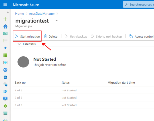 Screenshot of the migration job blade with a highlight around the command to start the job. It also displays the selected backups scheduled for migration.