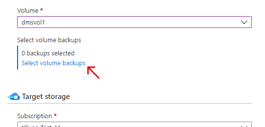 A screenshot of the new job creation form detailing the portion where StorSimple backups are selected for migration.