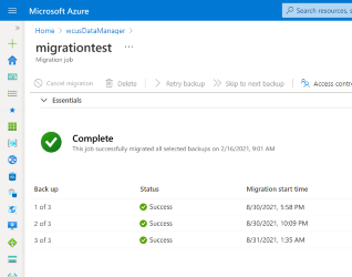 An image showing the migration job blade with a large status icon on the top in the complete state.