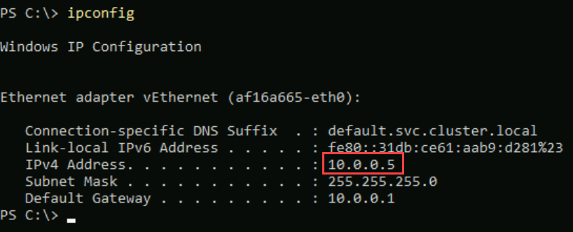 Screenshot of ipconfig output in PowerShell prompt of test container.