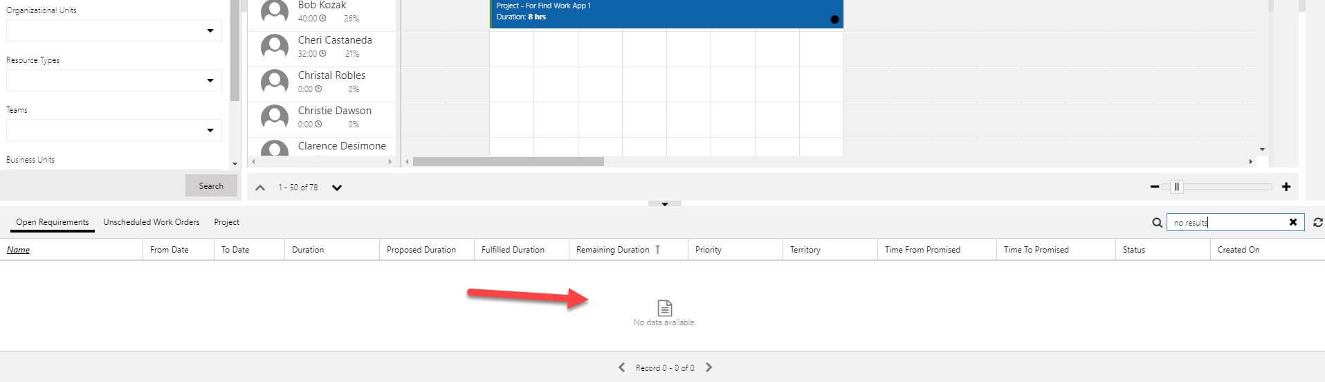 Screenshot of new state of the booking requirements grid with no results shown