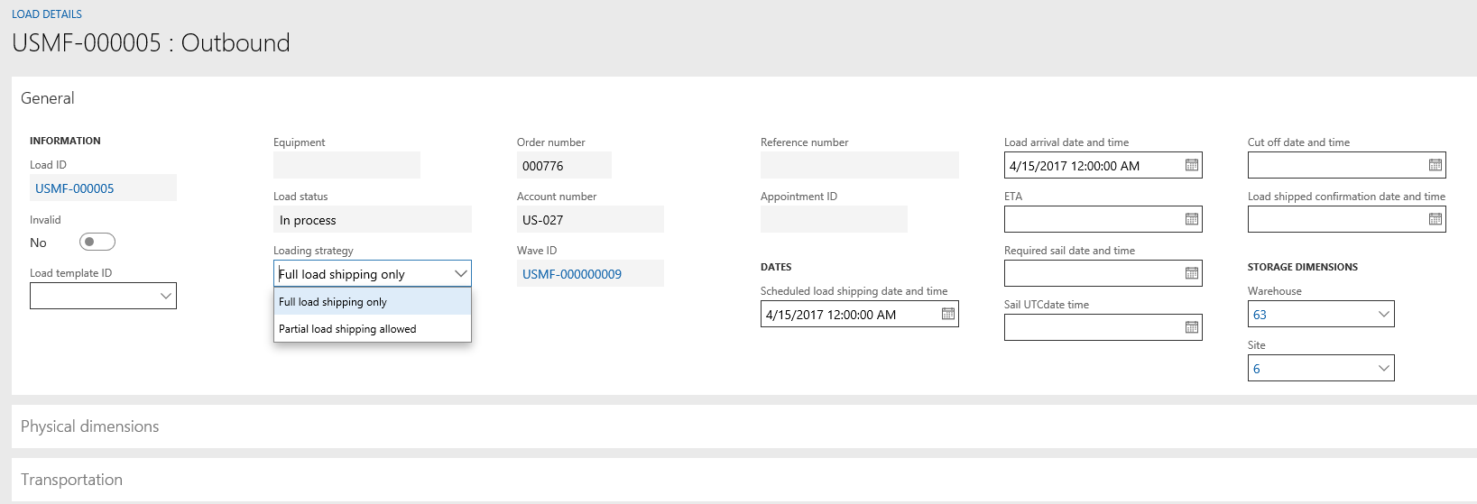 A screenshot showing how to designate partial shipment of a load