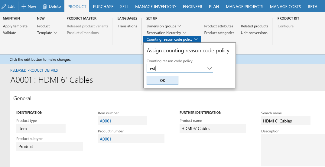 A screenshot showing reason codes for warehouse counting and adjustment 