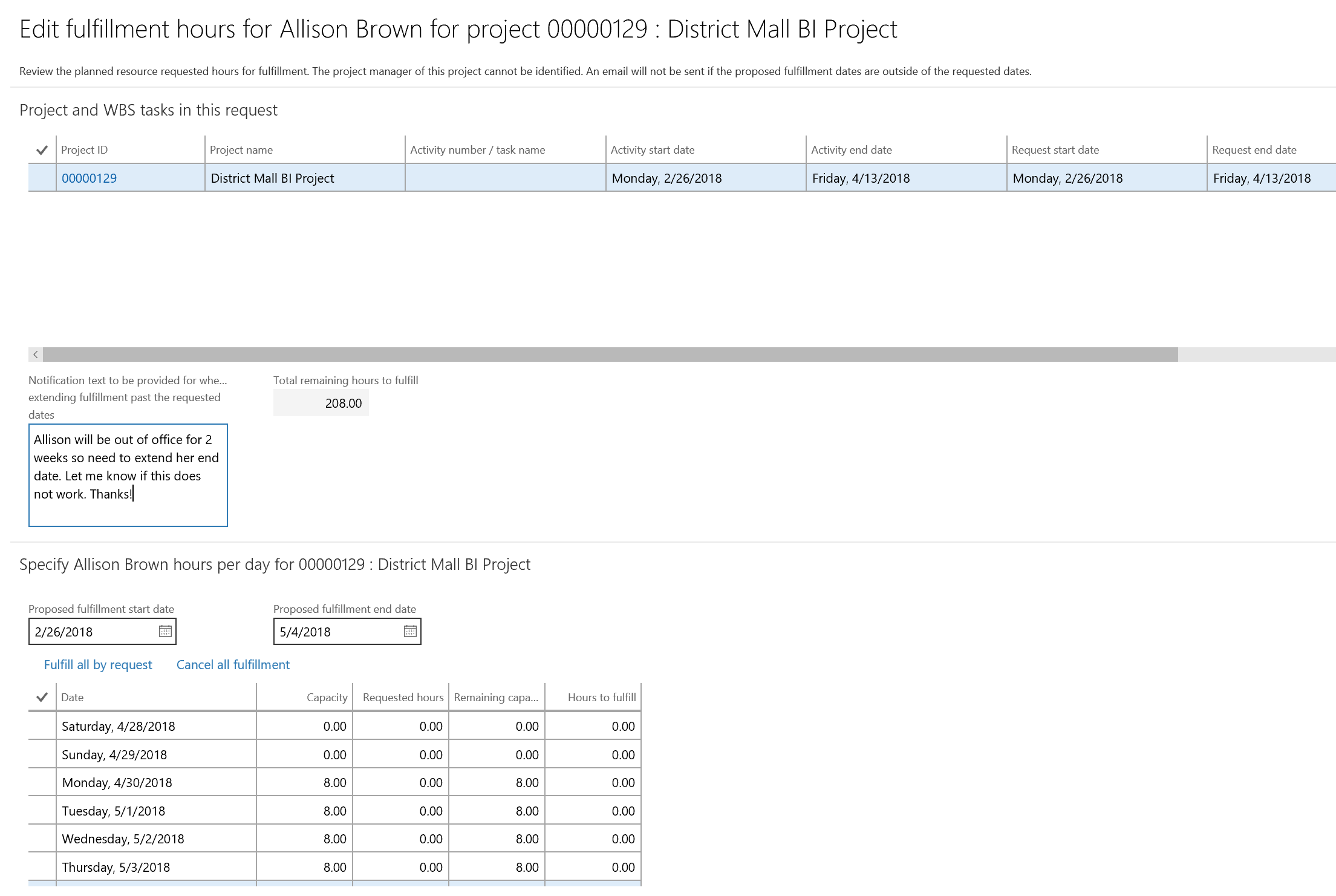 A screenshot demonstrating reserving a resource past the planned task end date 