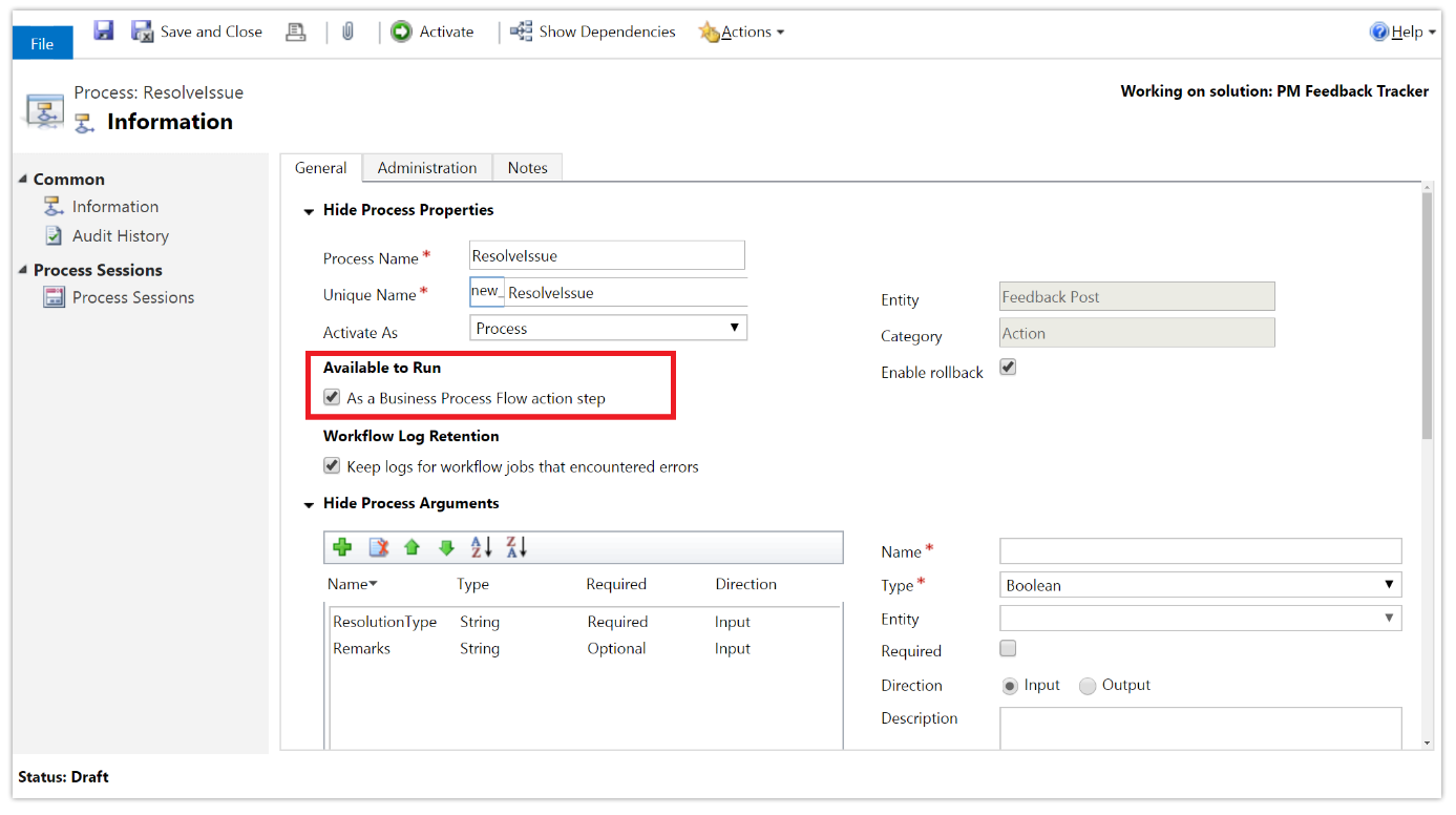 A screenshot showing "available to run as a business process flow" configuration