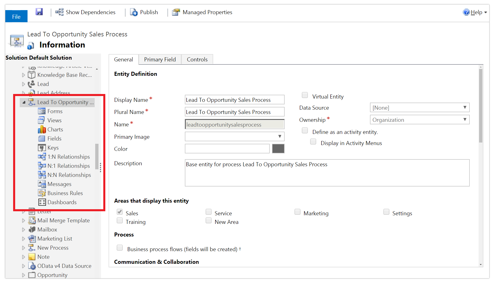 A screenshot of the Solution Explorer with the Lead To Opportunity Sales Process entity 