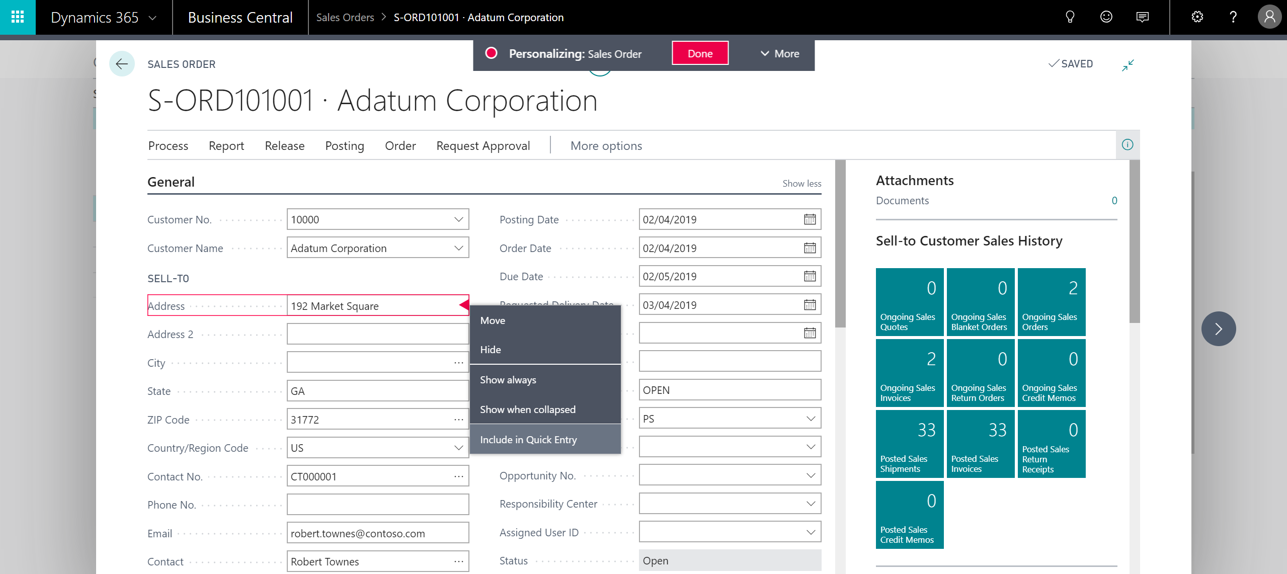 Page showing personalization of quick entry fields