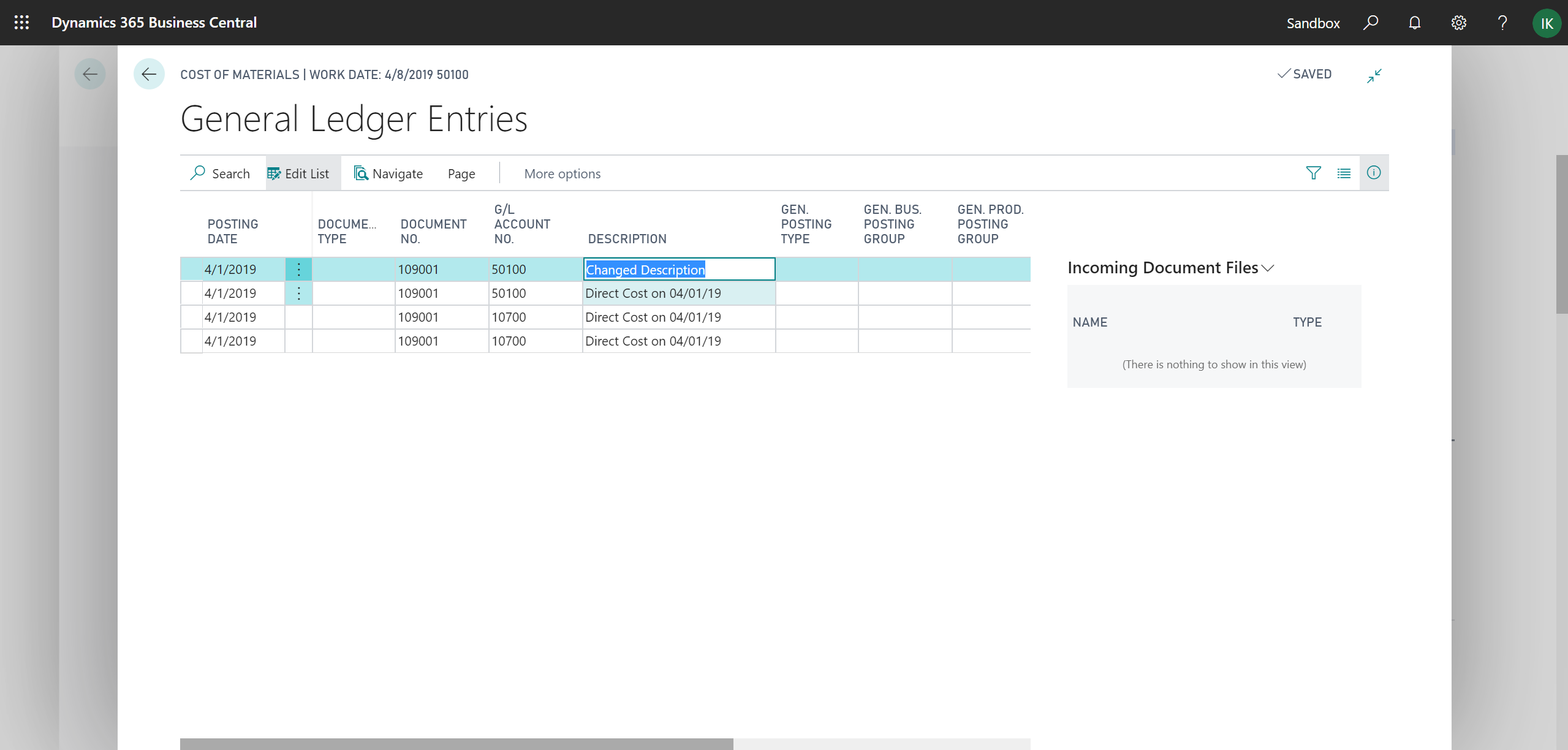 Showing general ledger entry with changed description