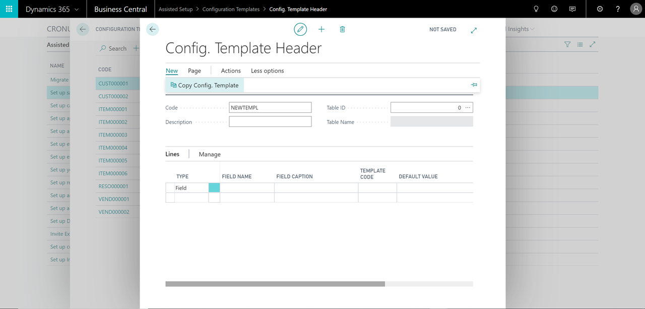 Config. Template Header page showing the Copy Config. Template action