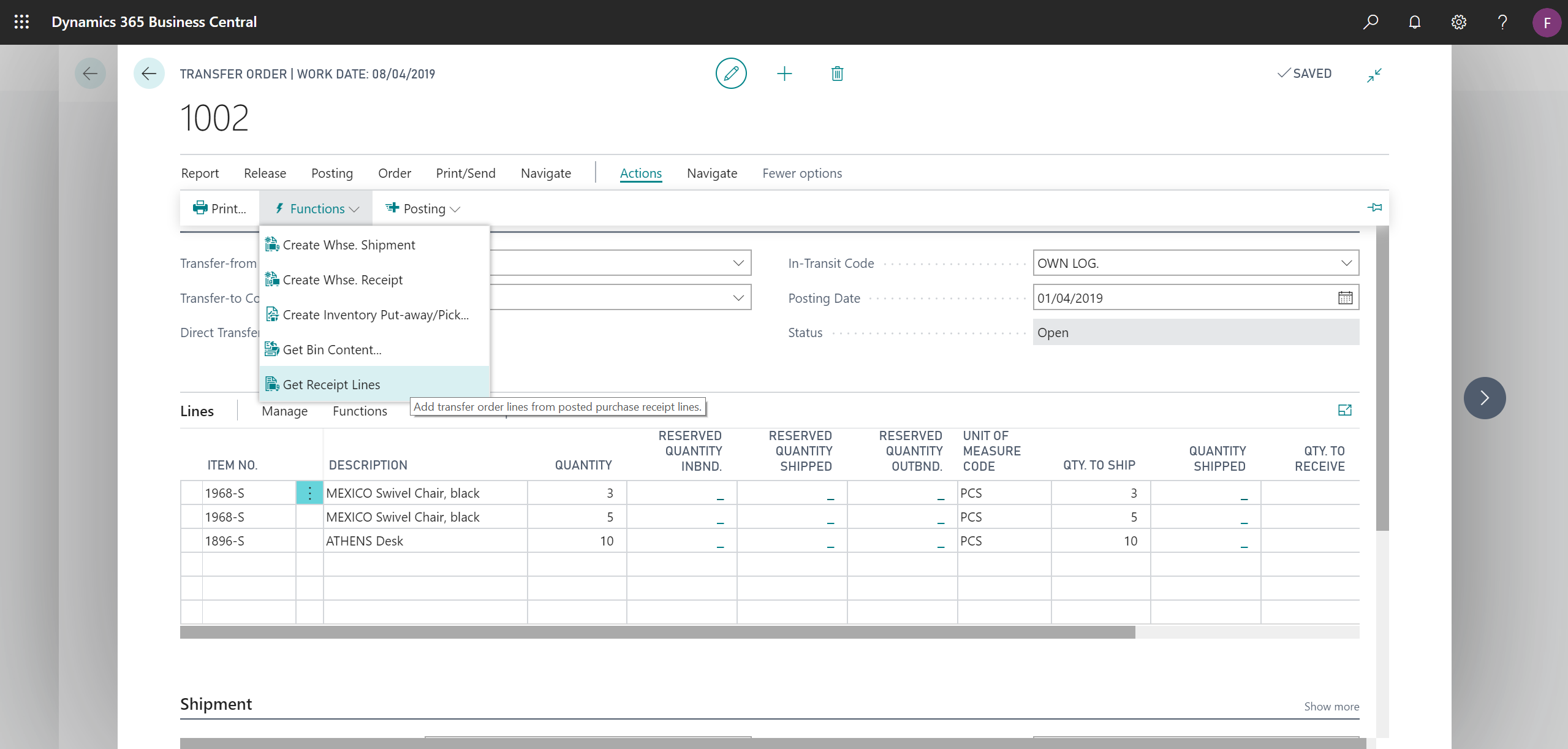 Transfer orders page showing new function to get receipt lines