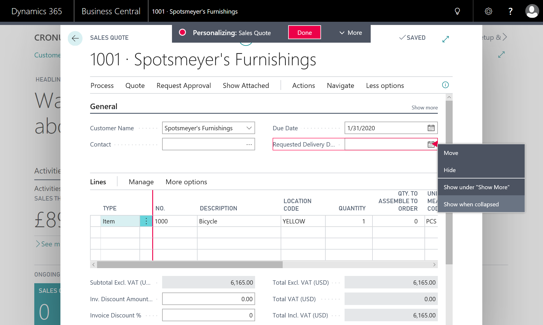 Screenshot of a sales quote undergoing personalization where a field is being customized to show when its group is collapsed