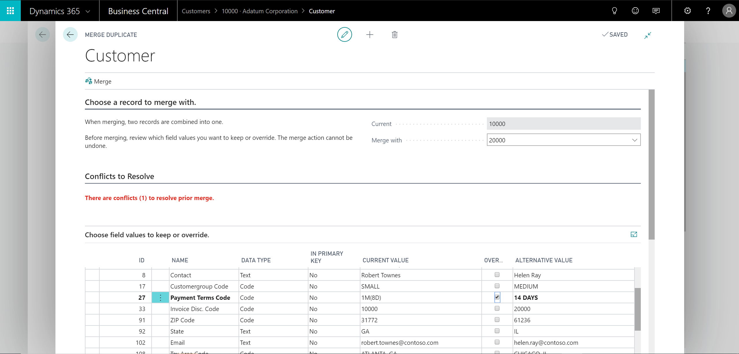 Merge customer page showing merge conflicts and overwrite capabilities