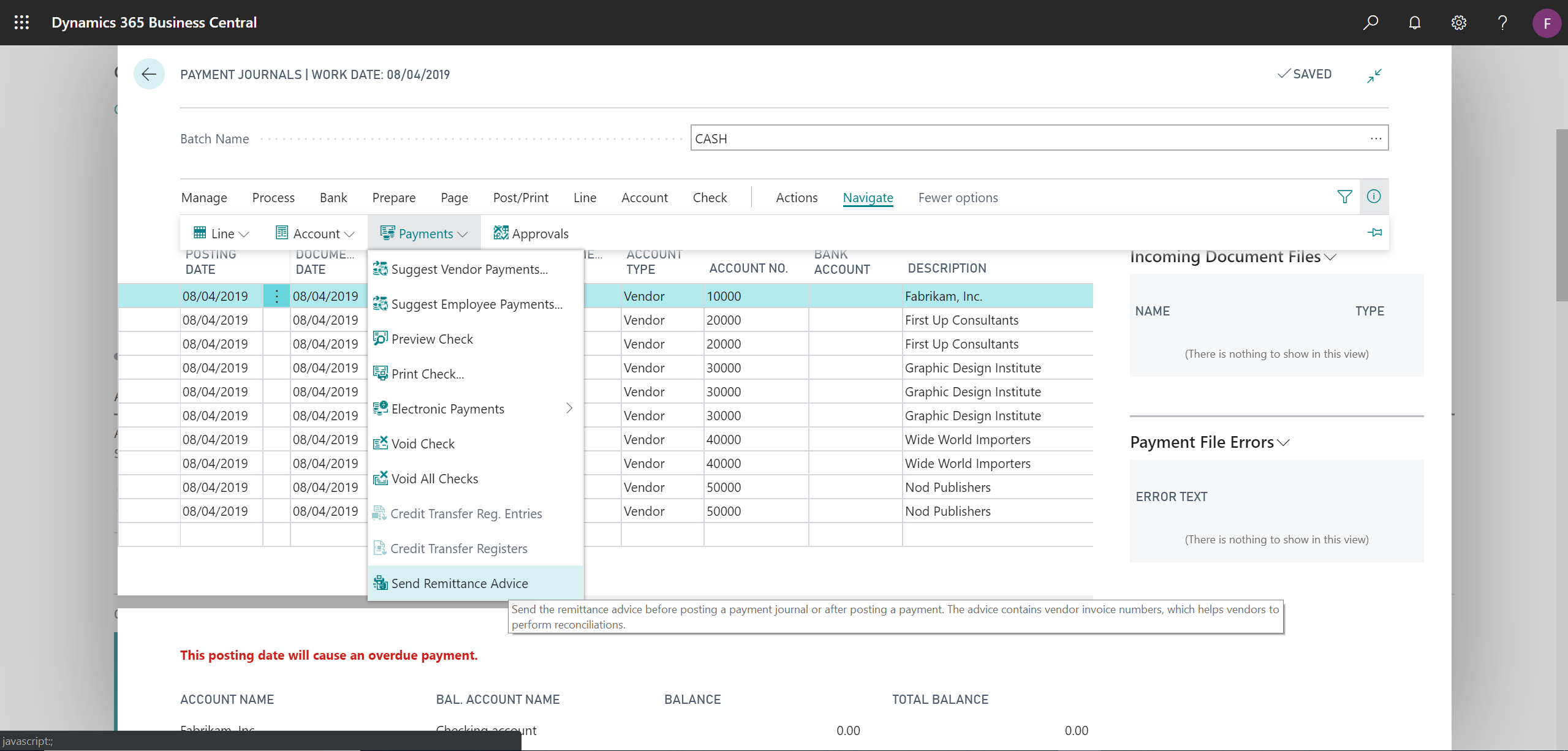 Showing Send Remittance Advice action on payment journal page