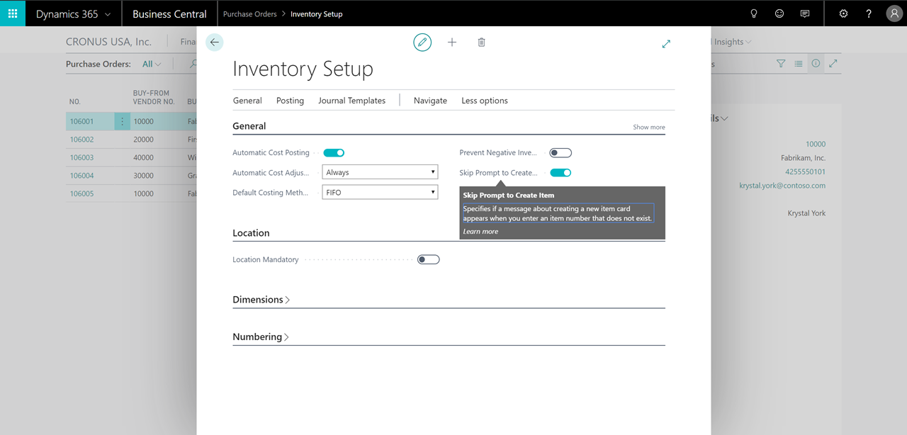 Inventory setup page showing the new Skip Prompt to Create Item setting